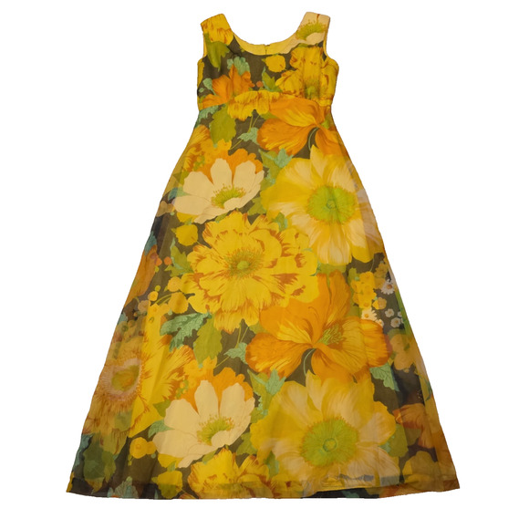 70s VTG Yellow Floral Maxi Dress + Sheer Coat Set Boho Cottagecore Festival Gown - Picture 3 of 15